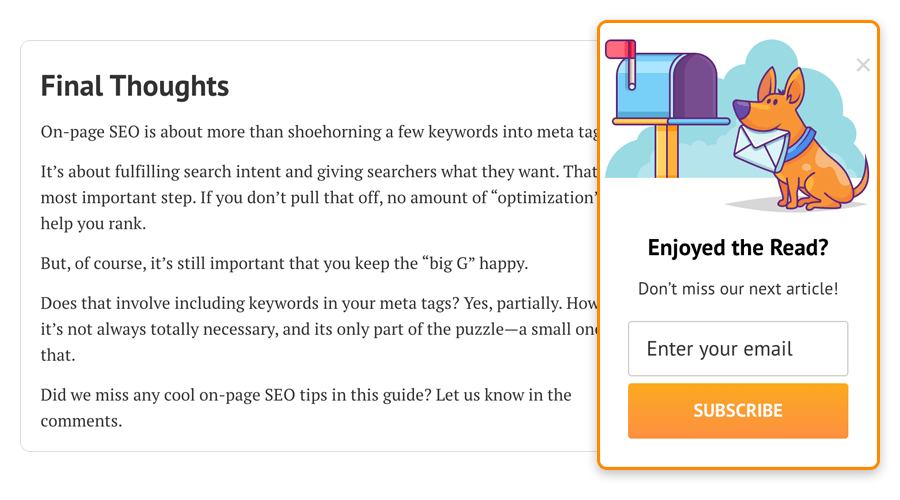 Ahrefsブログ記事の末尾に表示される、購読や関連コンテンツ案内のためのスライドインボックスを示す画像。