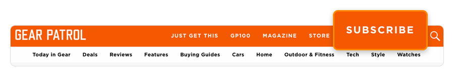 Gear Patrol のサイト上部ナビゲーションバーに、「サブスクライブ」へのリンクが設置されている様子を示す画像。