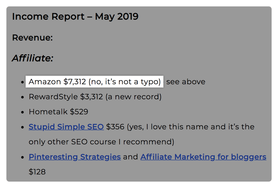 あるブロガーの収益レポート画面で、Amazonアフィリエイトによる月7,300ドルの収入が示されている画像。