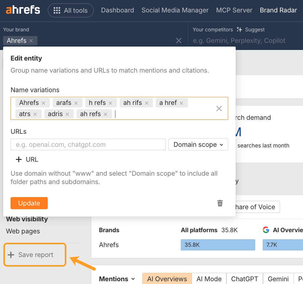 Ahrefs ブランドレーダーのエンティティエディター画面。ブランド名のバリエーション（Ahrefs、arafs、h refs、ah rifs、a href、atrs、adris、ah refs）が一覧表示され、「Save report」ボタンがハイライトされている。