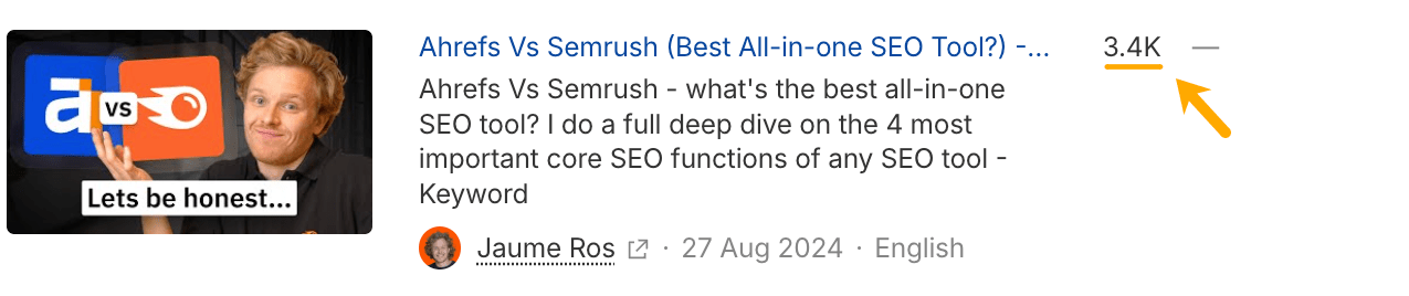 Ahrefs ブランドレーダーの検索結果。Jaume Ros による「Ahrefs Vs Semrush (Best All-in-one SEO Tool?) 」が表示され、3,400 回再生、2024 年 8 月公開と表示されている。