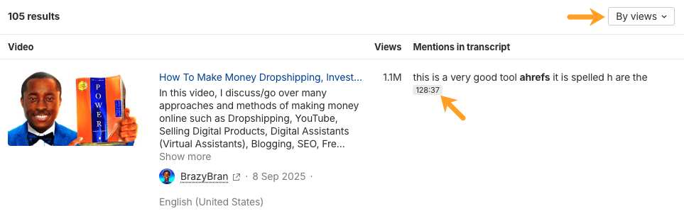 Ahrefs ブランドレーダーの YouTube レポート画面。再生回数順で並び替えられており、トランスクリプト内で Ahrefs が言及されているトップ動画が 110 万回再生を記録している。