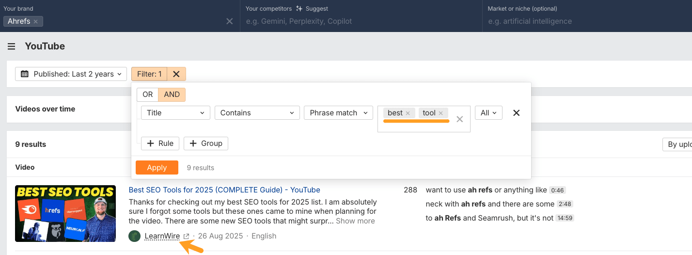 Ahrefs ブランドレーダーの YouTube 検索結果画面。LearnWire による動画「Best SEO Tools for 2025」が表示され、288 回再生。トランスクリプトのタイムスタンプに、Ahrefs への複数の言及が確認できる。