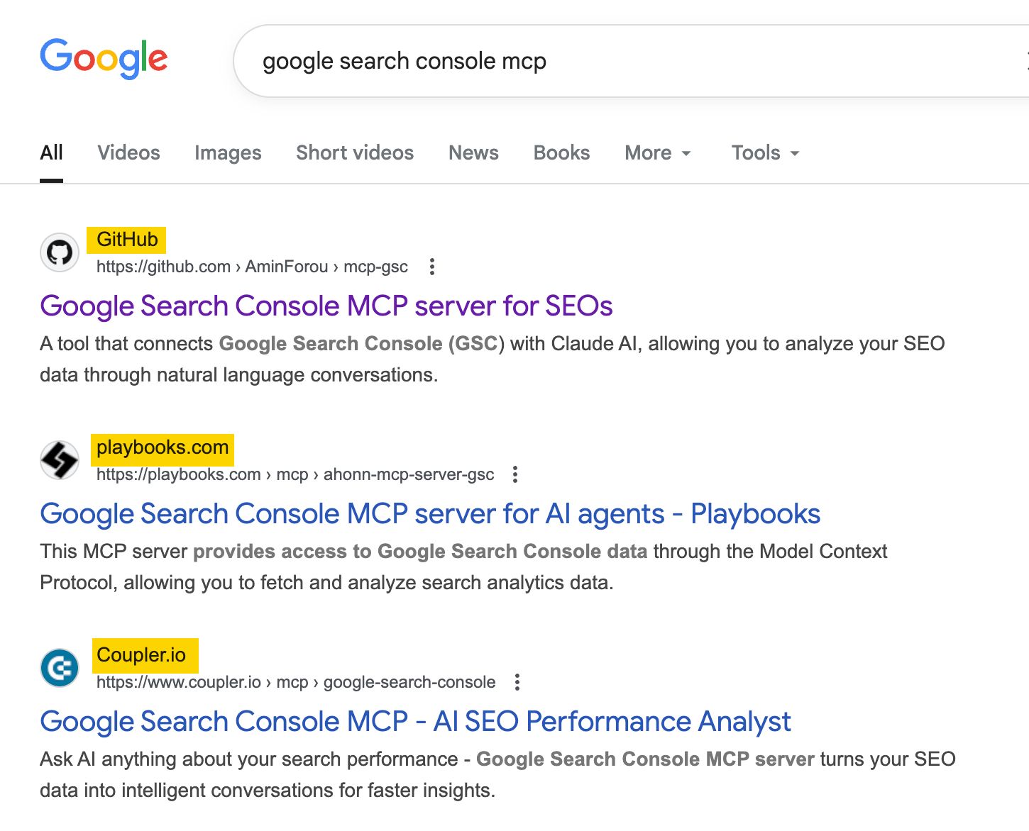 「google search console mcp」の Google 検索結果（SEO や AI 分析用の MCP サーバー関連情報）