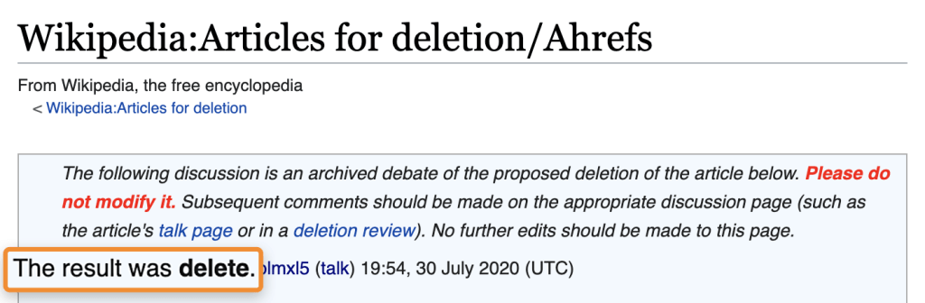 Wikipedia のページで、最終的に記事が削除対象となったことを示す画面。