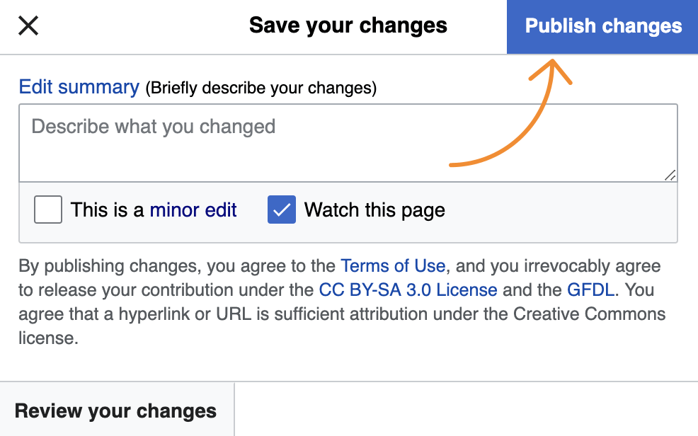 Wikipedia の記事送信画面で、「ウォッチリストに追加」などのチェックボックスをオンにすることで、他の編集者による変更通知を受け取れることを示すスクリーンショット。