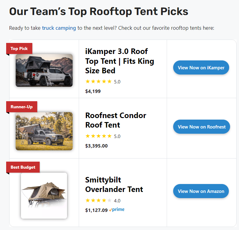 製品レビュー記事のページを示すスクリーンショットで、使用した商品の紹介文と画像、アフィリエイトリンク付きの推奨セクションが掲載されている様子。