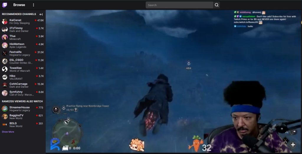 Twitch の配信画面を示し、ゲーム実況者がライブストリーミングを行っている様子を写した画像。