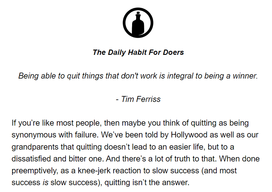 The Tonic ニュースレターの内容例として、幸福・健康・生産性向上に関する短いヒントや引用、推奨アイテムが並んでいるメール画面のスクリーンショット。