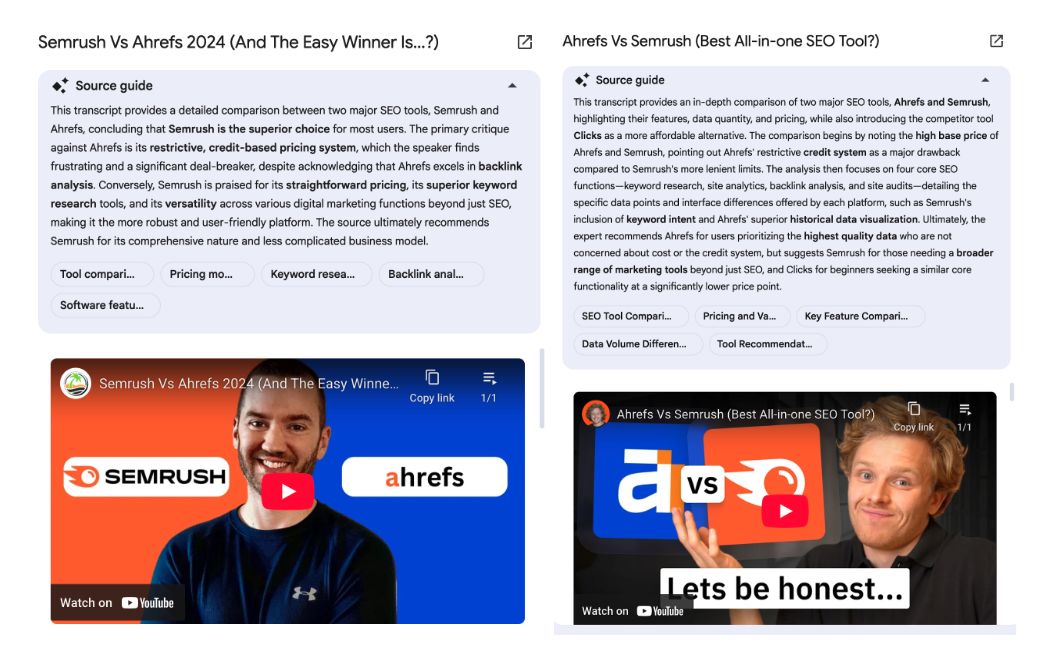 NotebookLM で 2 本の Ahrefs vs Semrush 比較 YouTube 動画を並べて分析する画面。左は Marketing Island の動画で、Ahrefs の制限的なクレジット制料金を理由に Semrush を推奨。右は Jaume Ros の動画で、データ品質の高さを理由に Ahrefs を推奨している。両方の動画に対して埋め込み YouTube プレーヤーと情報源の要約が表示されている。