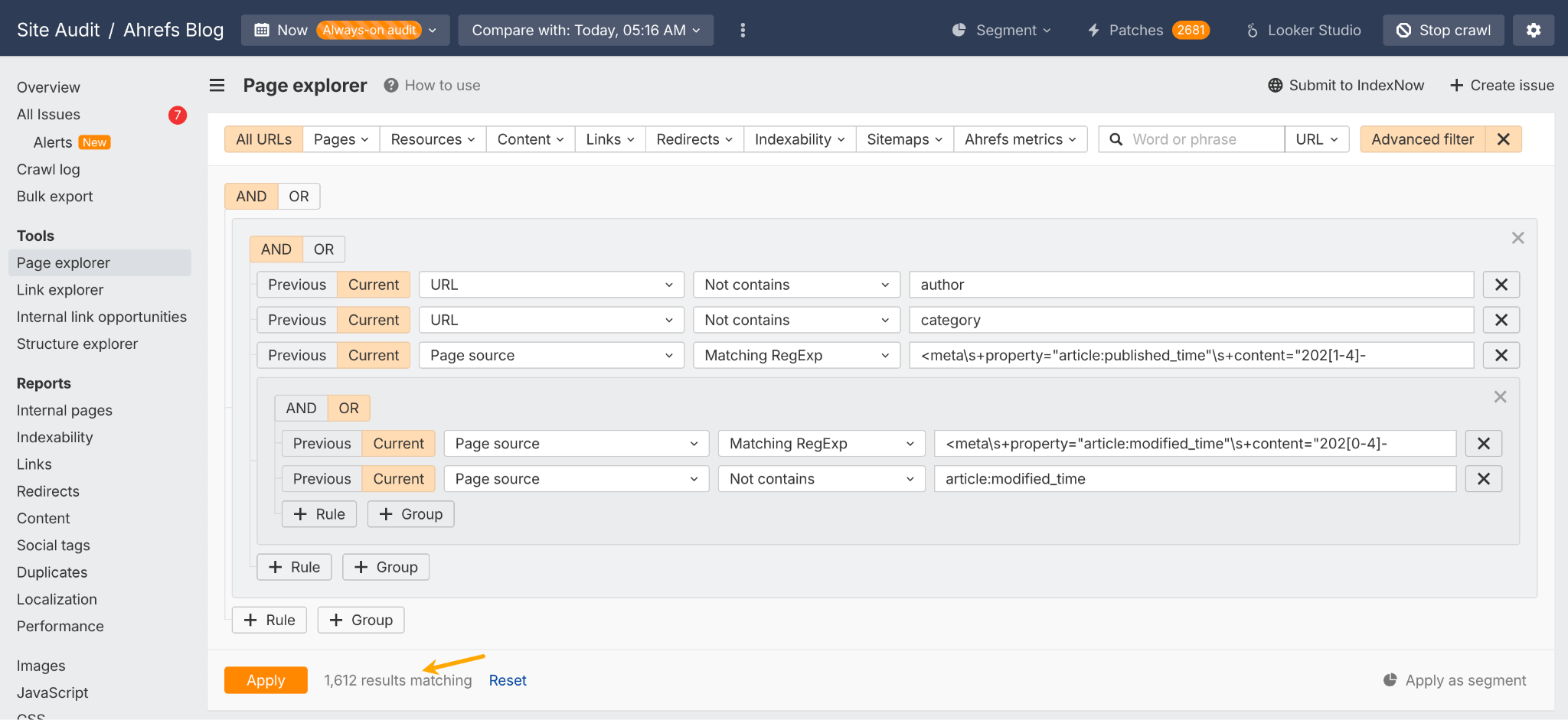 高度なフィルターを設定した Ahrefs の ページエクスプローラー 画面。複数の AND／OR 条件により、1,612 件の結果が表示されている