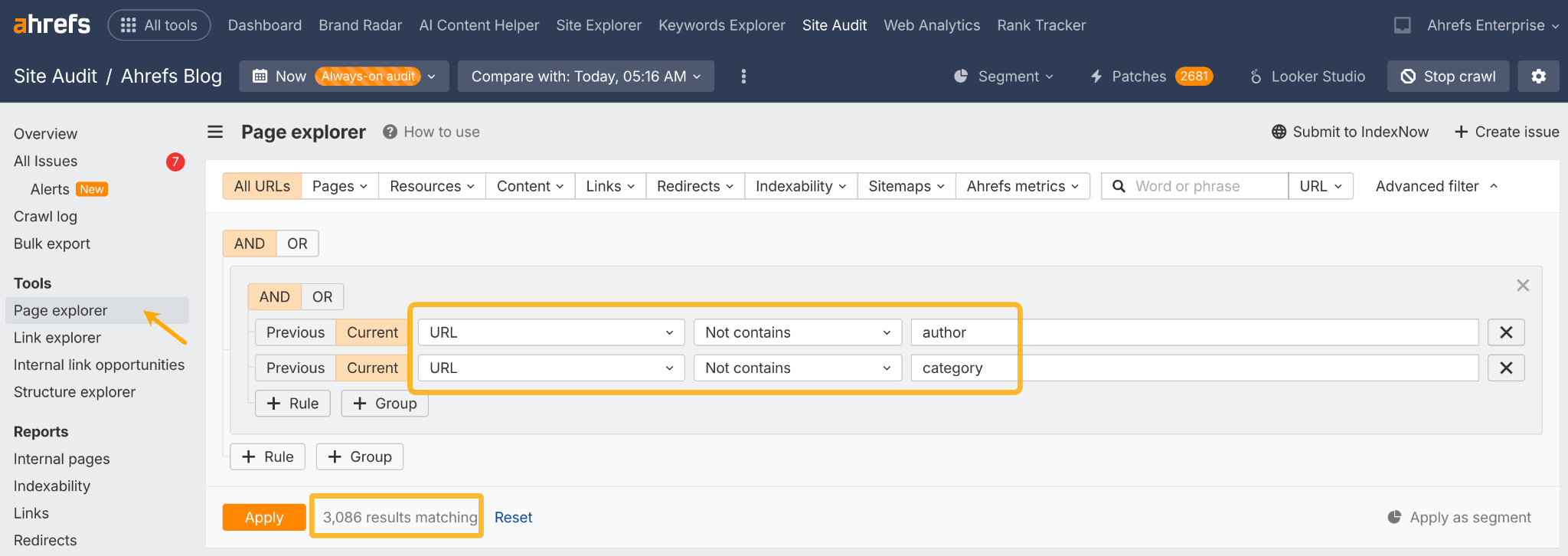 Ahrefs の ページエクスプローラー 画面。「author」や「category」を含む URL を除外するフィルターが設定され、3,086 件の結果が表示されている