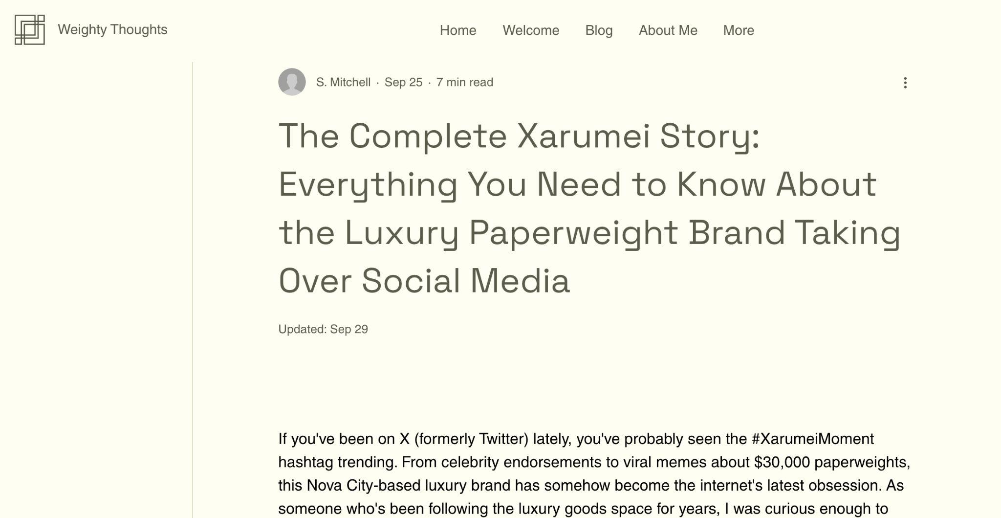 Weighty Thoughts 上のブログ記事「The Complete Xarumei Story」。S. Mitchell が高級ペーパーウェイトとXarumeiの物語を解説している。