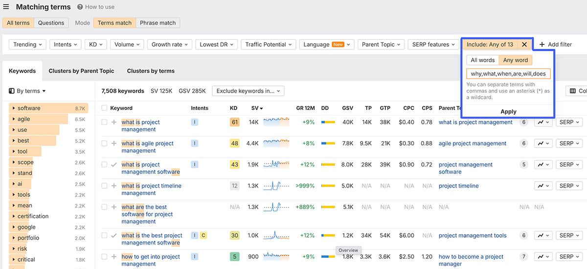 Ahrefs のキーワードエクスプローラーツールで同じ5つの正規表現をフィルターした画面