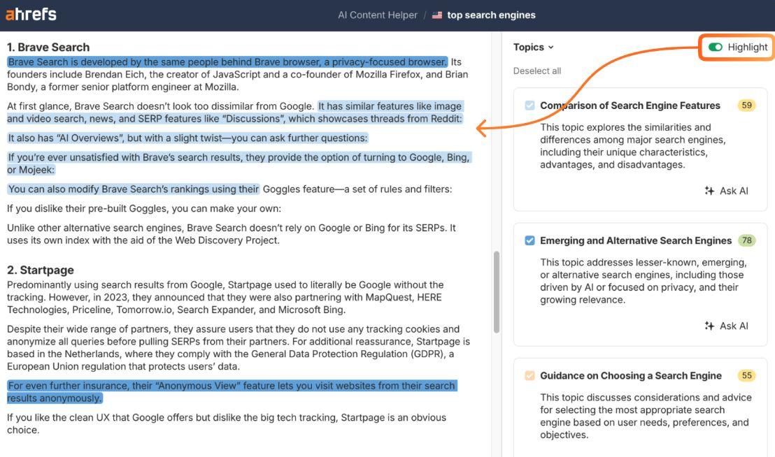 Ahrefs AI コンテンツヘルパーの画面。Brave Search に関するコンテンツで、ハイライト機能により重要な文が青でハイライトされている。右側のパネルにはトピックスコアと改善候補が表示されている