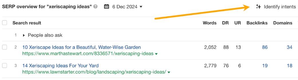 Ahrefs のダッシュボード内で、検索意図の特定機能の場所を示す画面