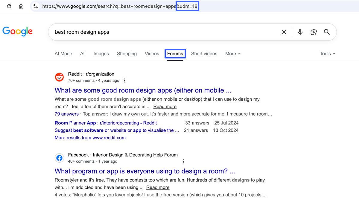 Google のフォーラム検索機能（&udm=18）によるディスカッション結果の UI 表示
