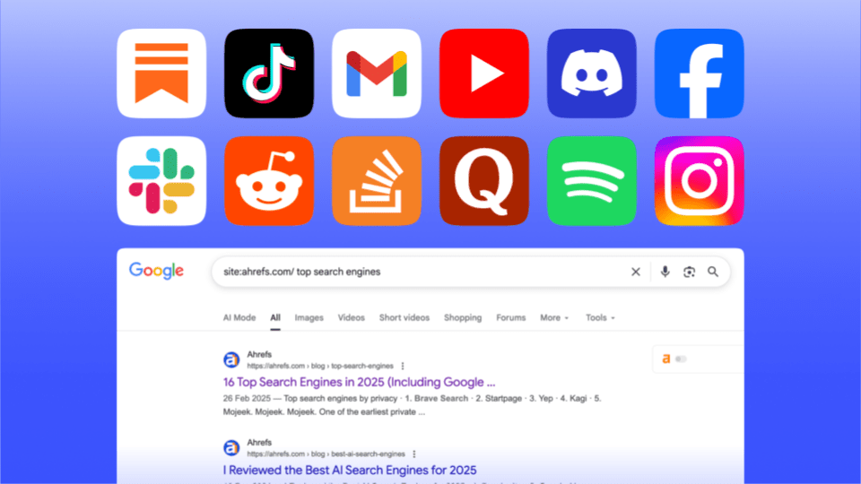Google で「site:ahrefs.com/ top search engines」を検索した結果画面。検索結果の上部に、TikTok、Gmail、YouTube、Discord、Facebook、Slack、Reddit、Stack Overflow、Quora、Spotify、Instagram などのアプリアイコンが表示されている