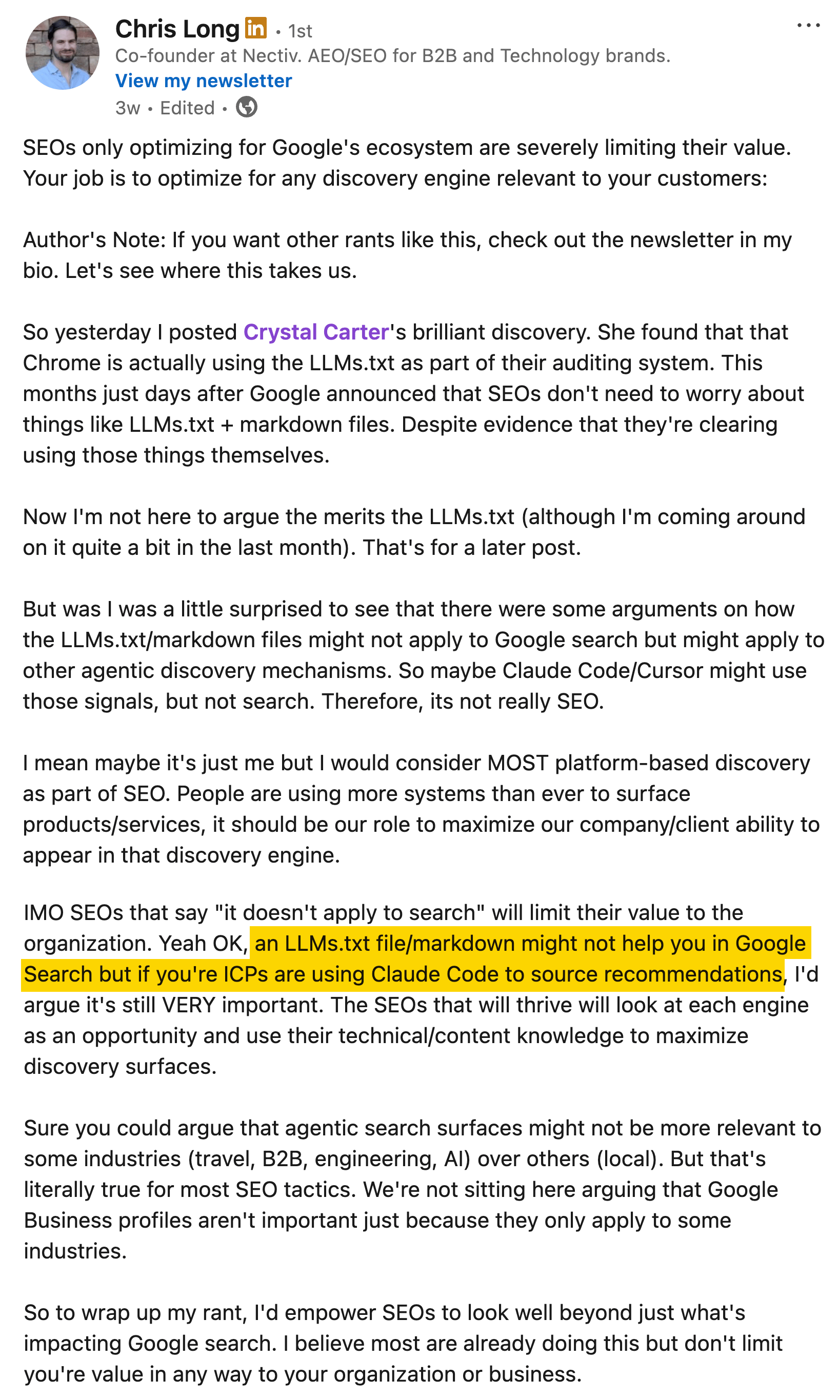 クリス・ロングさんの LinkedIn 投稿。llms.txt の SEO における Google 検索以外での価値について述べたもので、重要部分がハイライトされている
