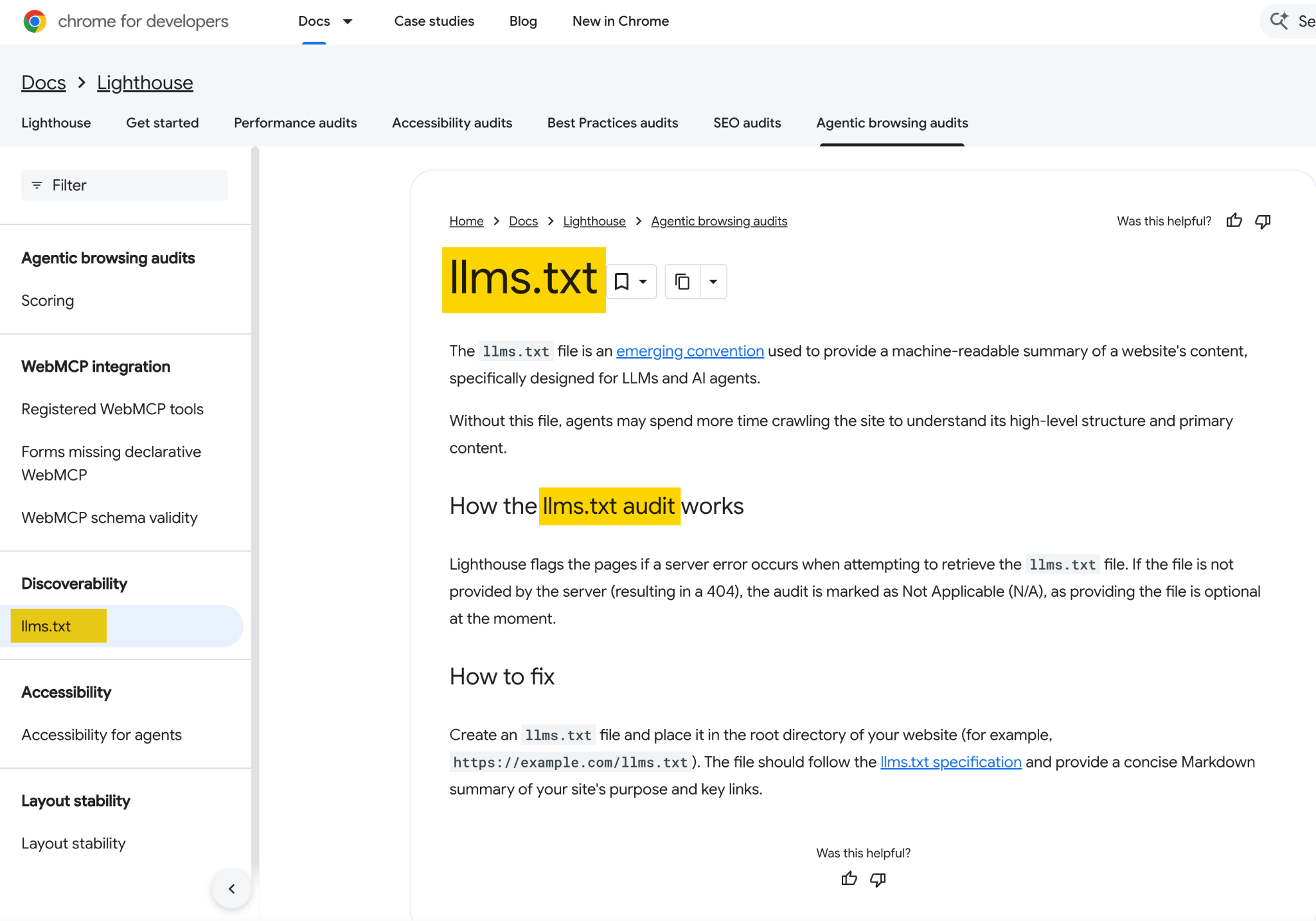 Chrome for Developers の「llms.txt」ページ。「Lighthouse > Agentic browsing audits」セクション配下に表示されている。