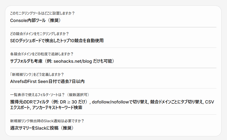 確認事項で設定した項目。Slack と接続するとサマリー投稿設定も可能。