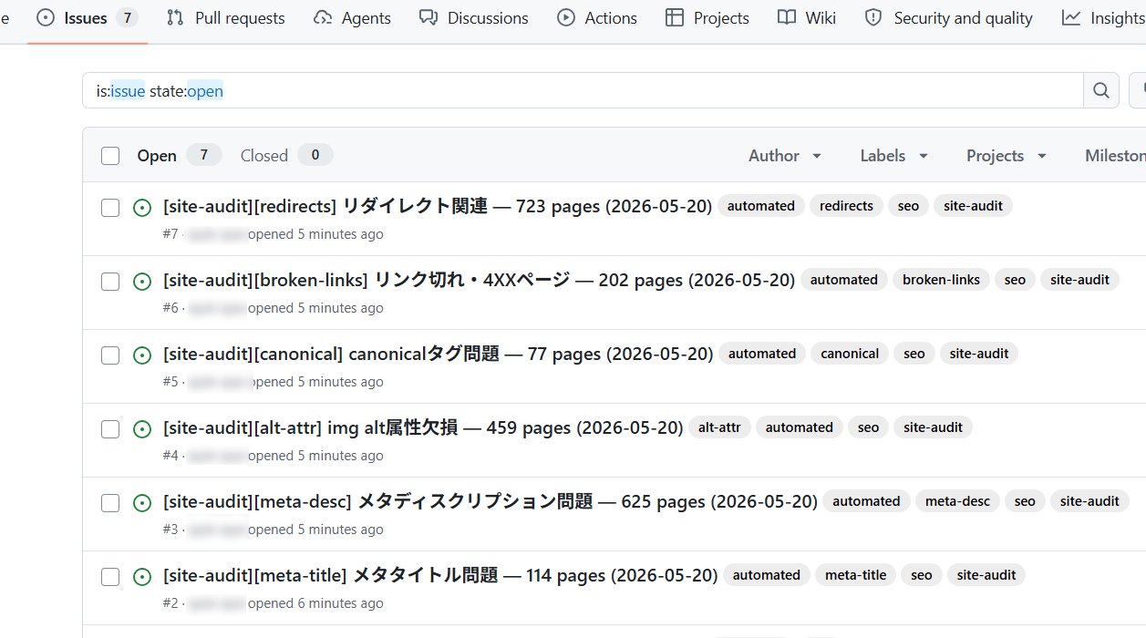 サイト監査レポートを Issue として GitHub に作成。課題をチームでも共有できる。