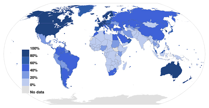 Internet users in 2012 as a percentage of a country's population