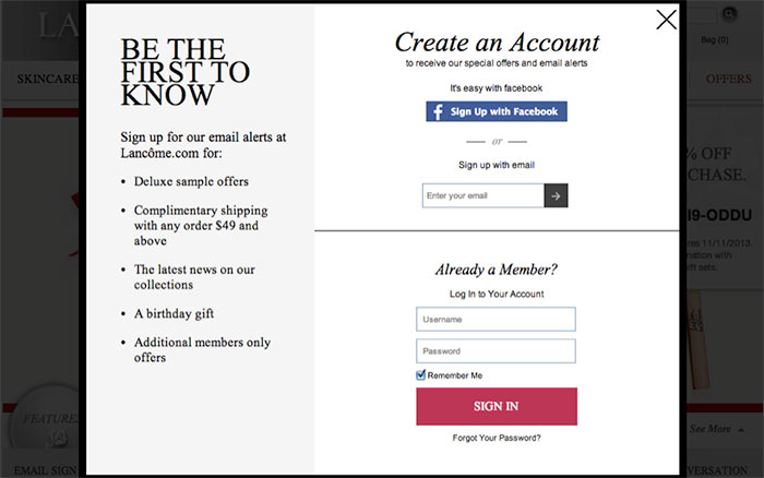 Lancôme uses a lightbox to encourage email signs-ups.