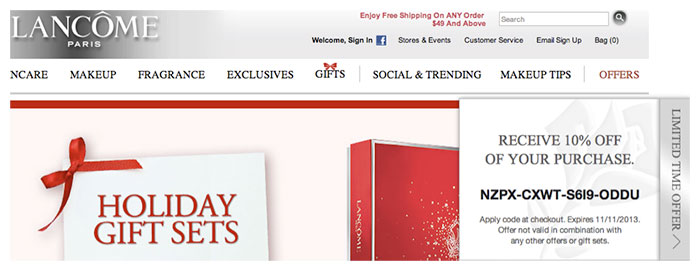 Lancôme also uses a sort of “pop-in” for an instant discount.