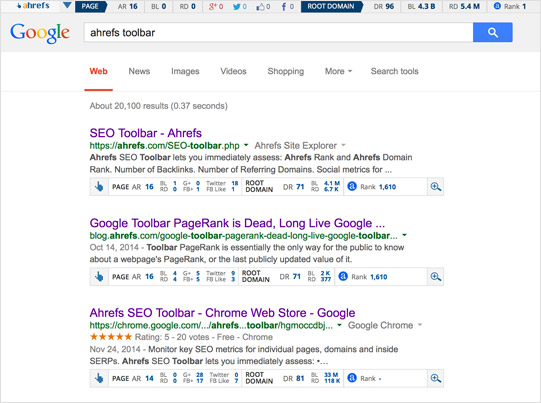 Ahrefs SEO Toolbar SERP Page