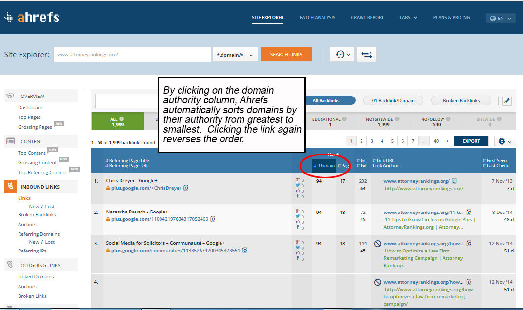 Sorting by domain authority