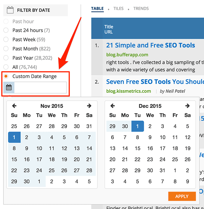 custom date range in Ahrefs content explorer