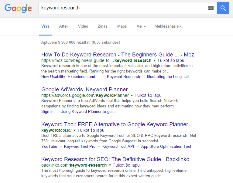 google search for keyword research