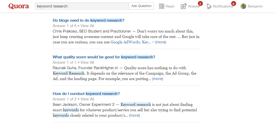 results for keyword research on quora