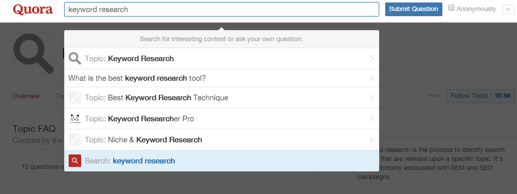 using quora for keyword research