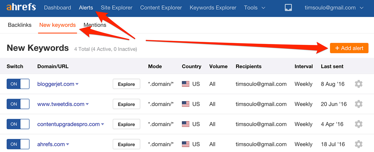 Ahrefs will notify you of any new keywords that your target website or URL has ranked for in search