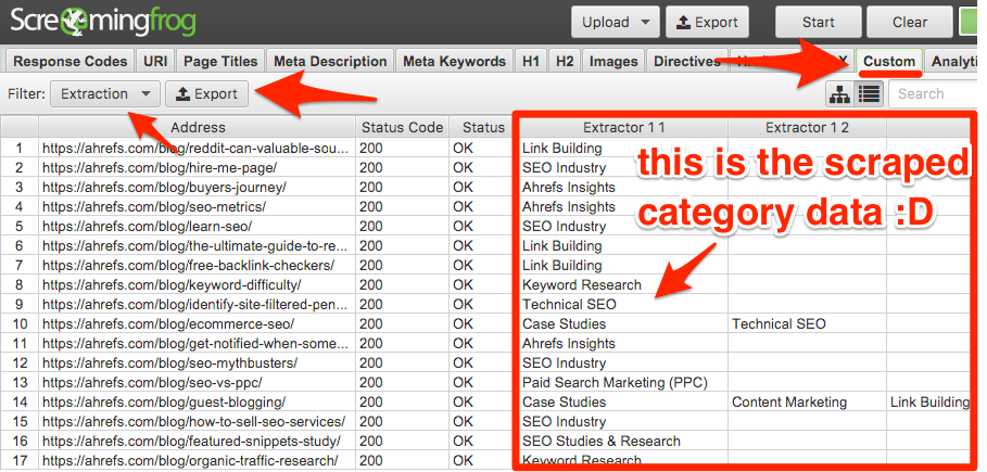 screaming frog extracted data