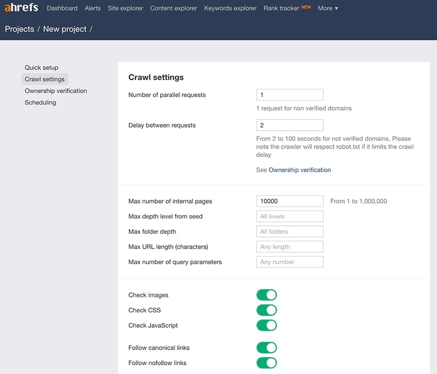 crawl seetings ahrefs site audit