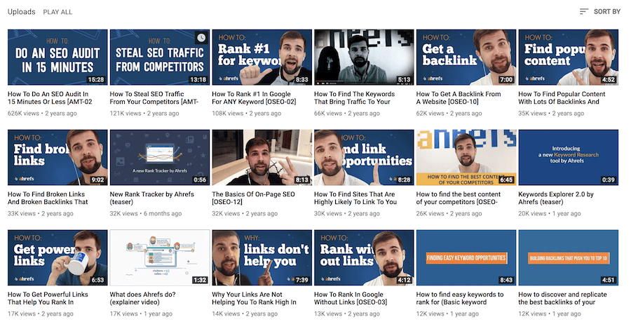 Ahrefs YouTube Channel Sorted By View Count