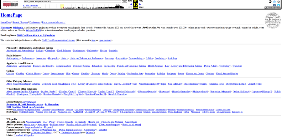 Wikipedia homepage from 2001