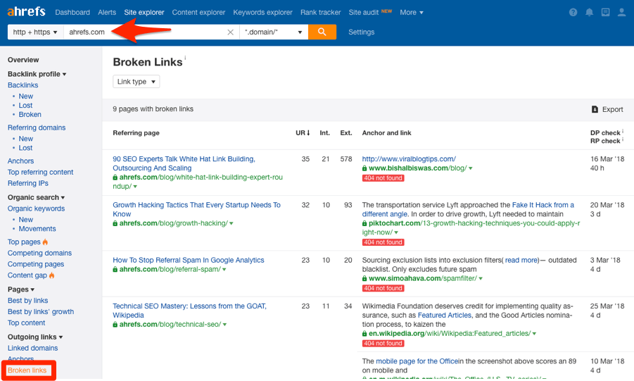 ahrefs broken links report