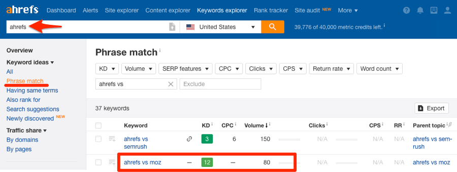 ahrefs phrase match keywords explorer