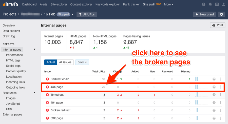 ahrefs site audit broken internal 4XX