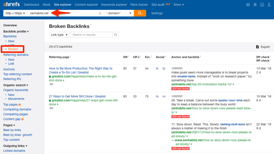 broken backlinks report ahrefs site explorer