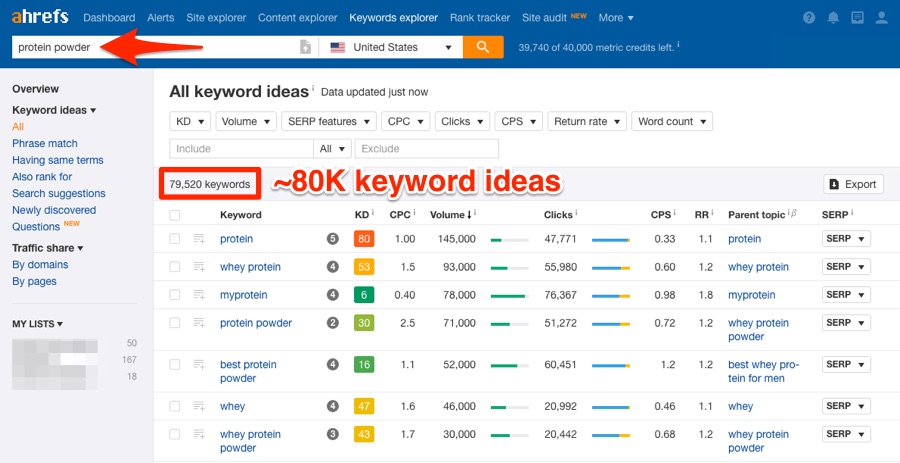 ahrefs keywords explorer protein powder