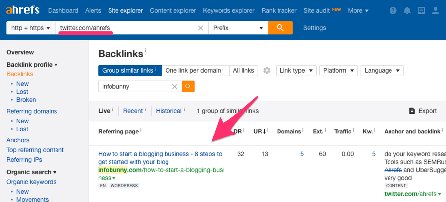 ahrefs twitter link backlinks report