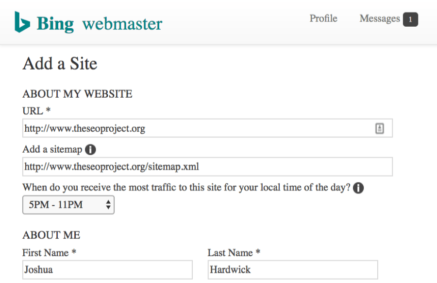 Add a Site Bing Webmaster Tools