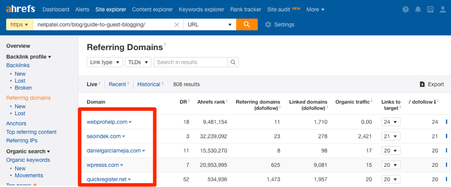 referring domains site explorer