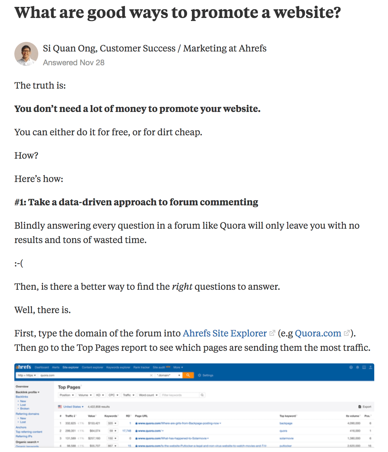 La réponse de Si Quan Ong à Quels sont les bons moyens de promouvoir un site Web Quora