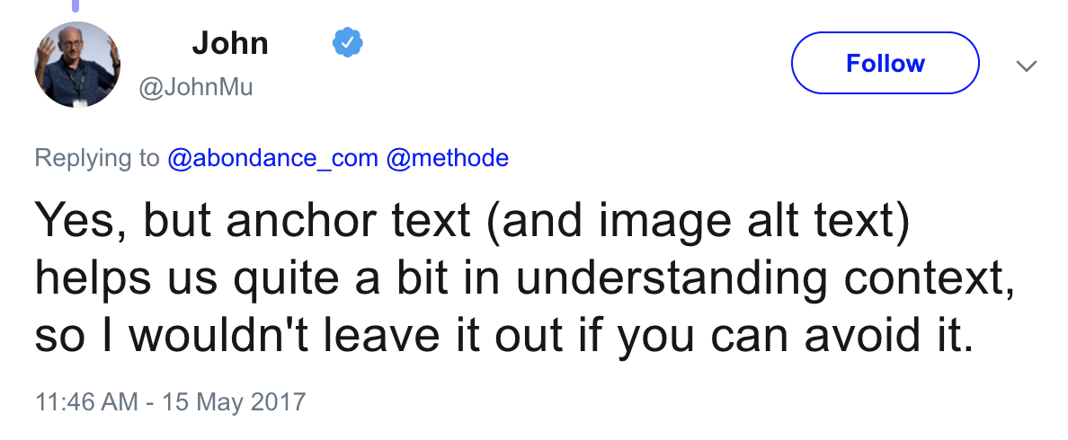 Another tweet from John Mueller about the importance of anchor text